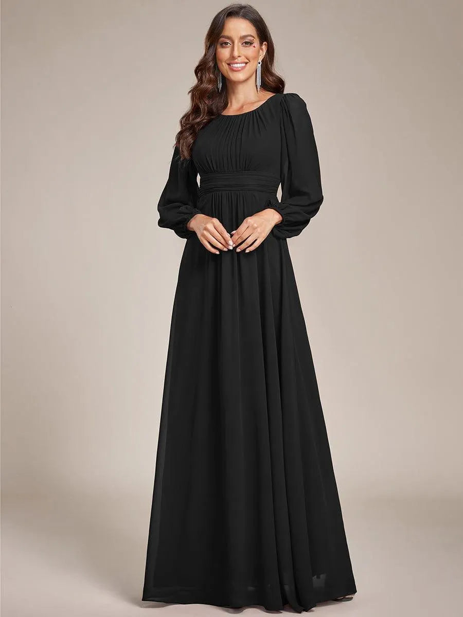 Women's Elegant Flowy Maxi Wedding Guest Dress with Puff Sleeve