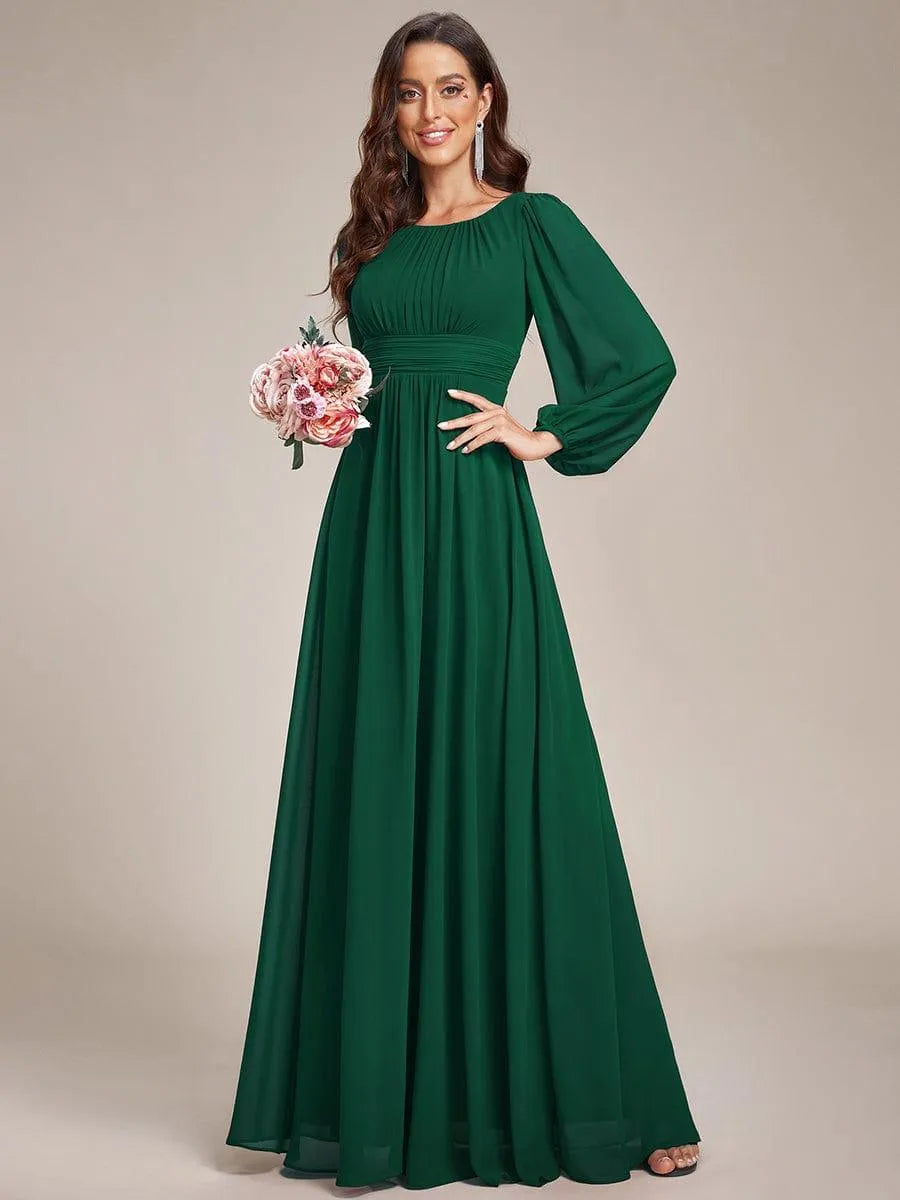 Women's Elegant Flowy Maxi Wedding Guest Dress with Puff Sleeve