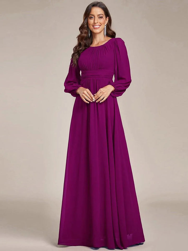 Women's Elegant Flowy Maxi Wedding Guest Dress with Puff Sleeve