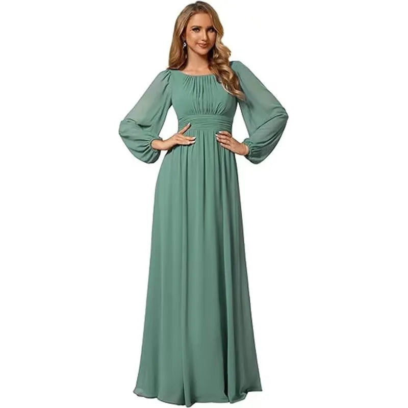 Women's Elegant Flowy Maxi Wedding Guest Dress with Puff Sleeve