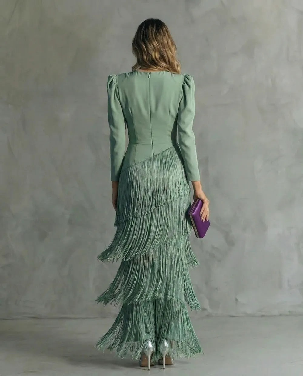 Women's Elegant Flowy Maxi Wedding Guest Dress with Puff Sleeves