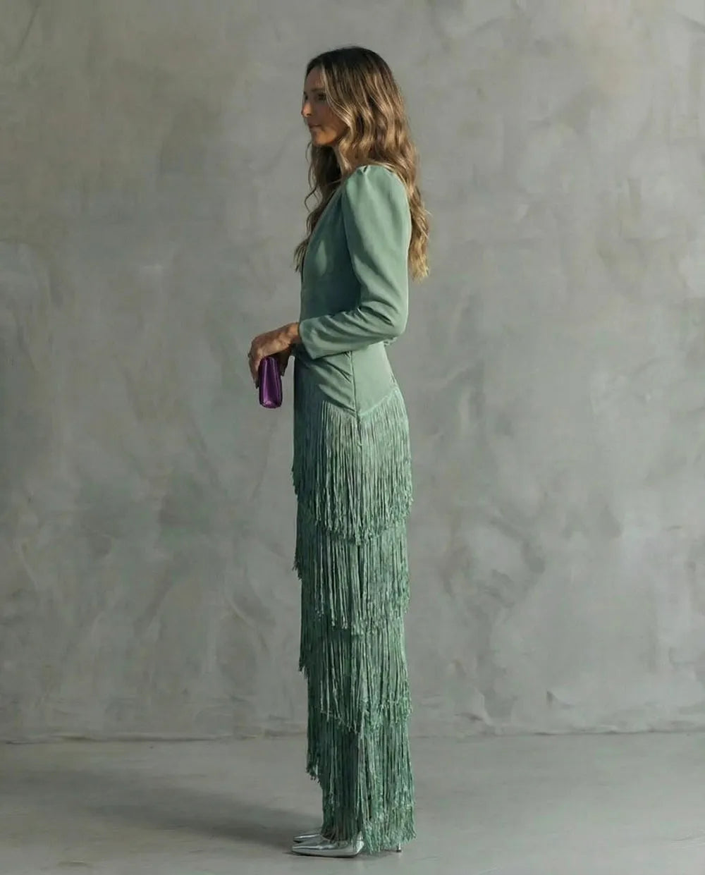 Women's Elegant Flowy Maxi Wedding Guest Dress with Puff Sleeves