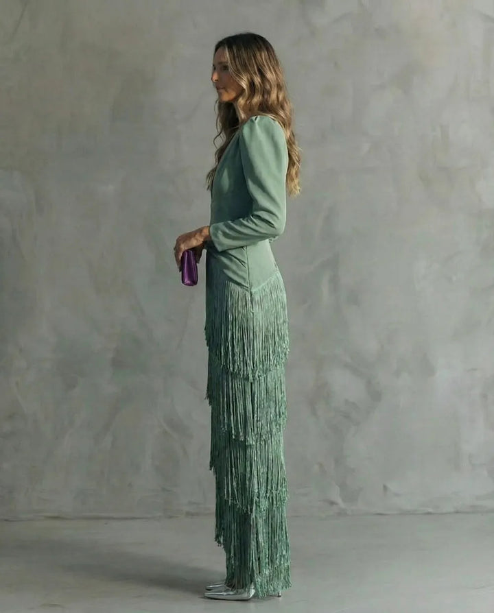 Women's Elegant Flowy Maxi Wedding Guest Dress with Puff Sleeves