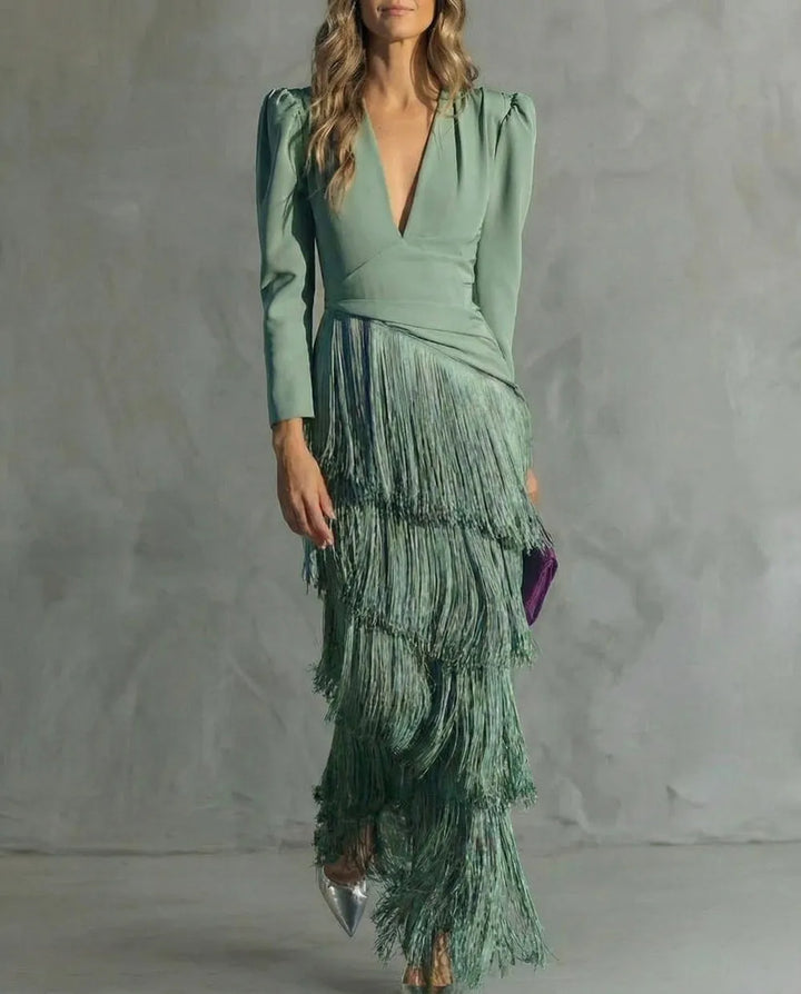 Women's Elegant Flowy Maxi Wedding Guest Dress with Puff Sleeves
