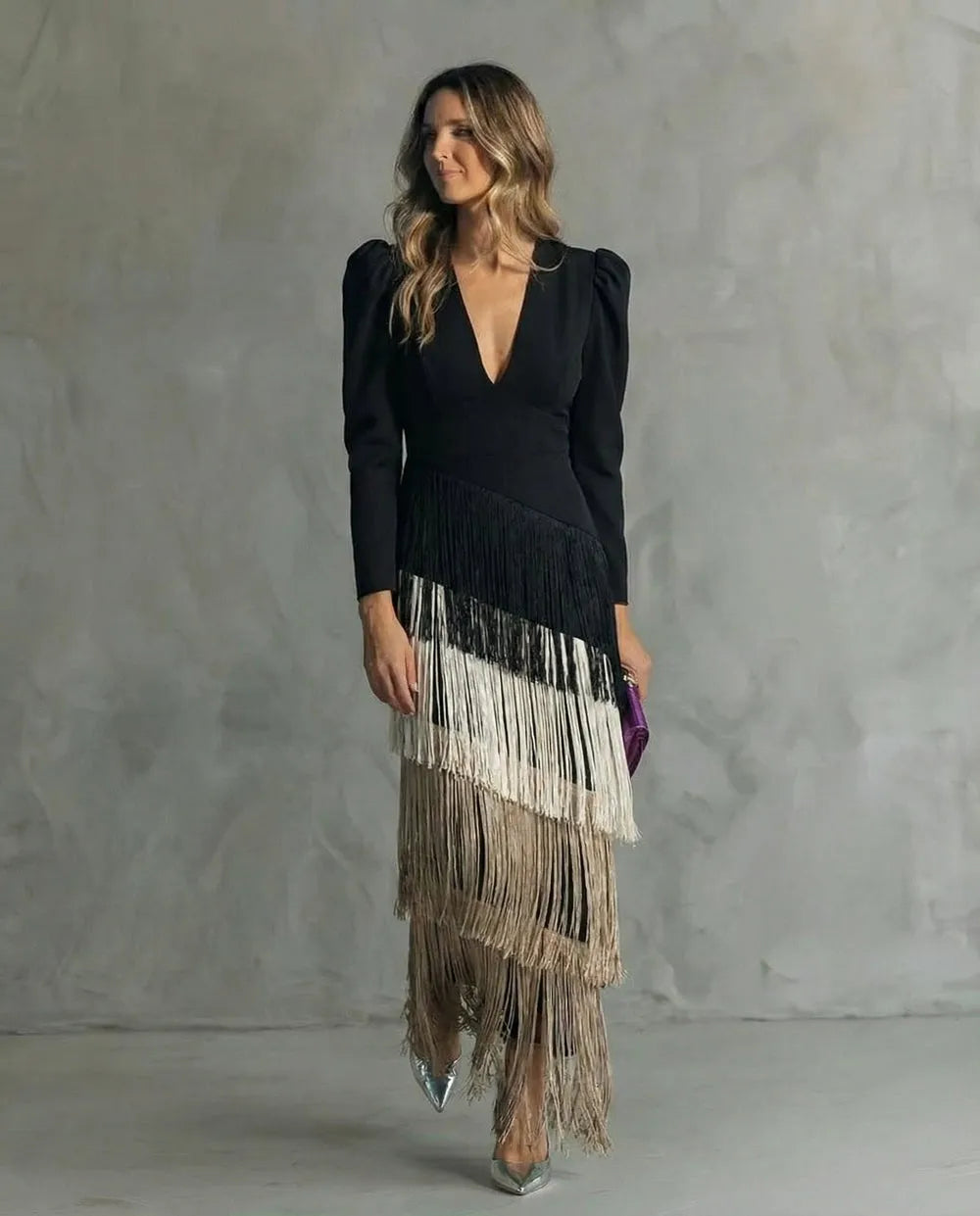 Women's Elegant Flowy Maxi Wedding Guest Dress with Puff Sleeves