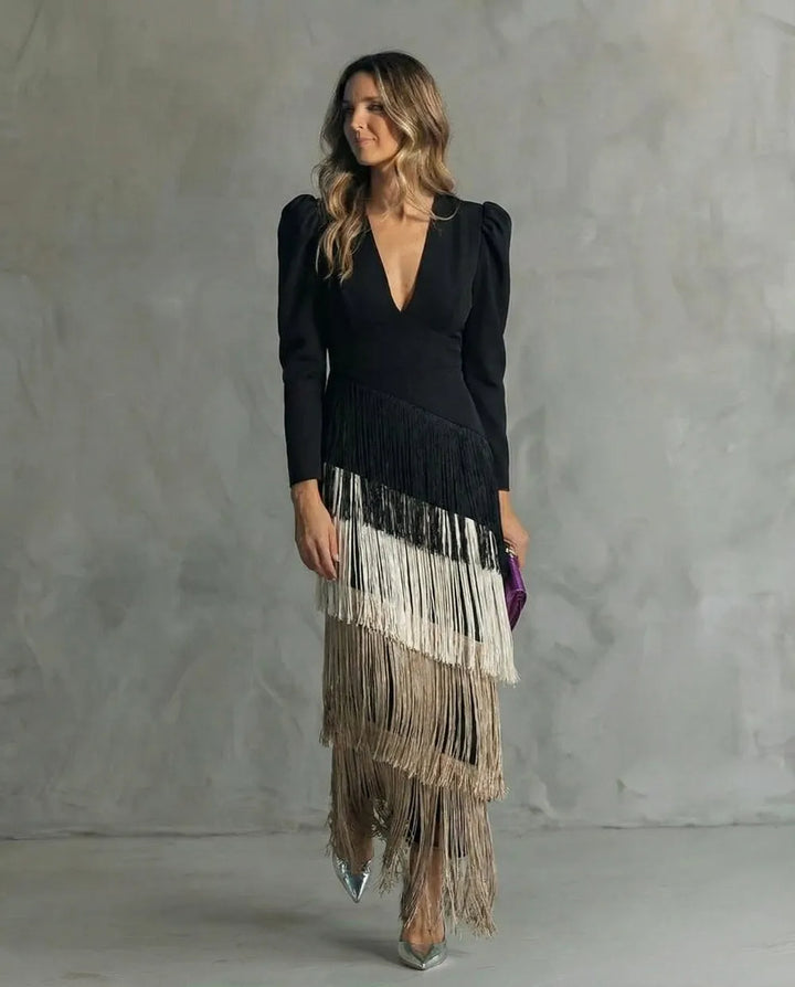 Women's Elegant Flowy Maxi Wedding Guest Dress with Puff Sleeves