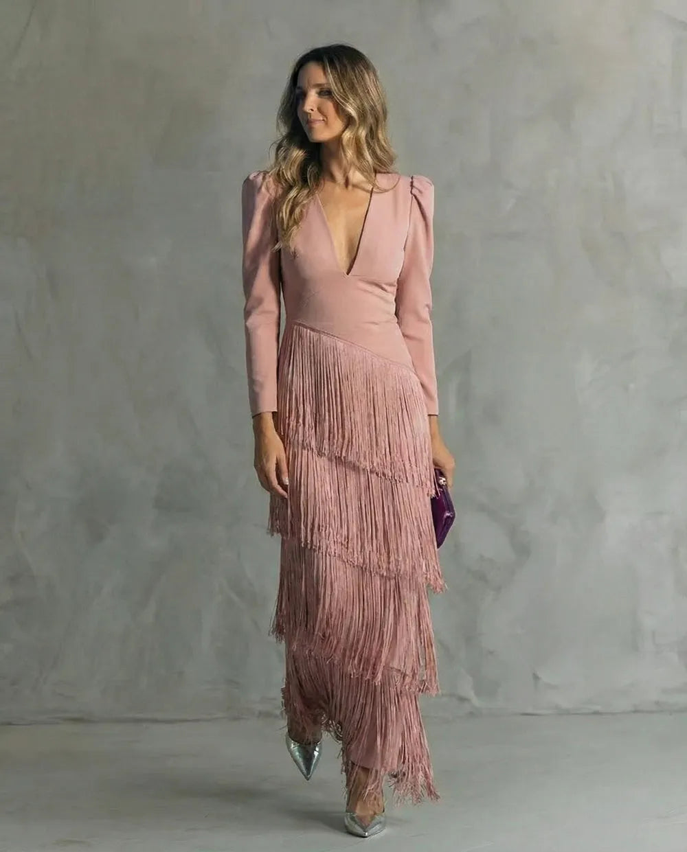 Women's Elegant Flowy Maxi Wedding Guest Dress with Puff Sleeves