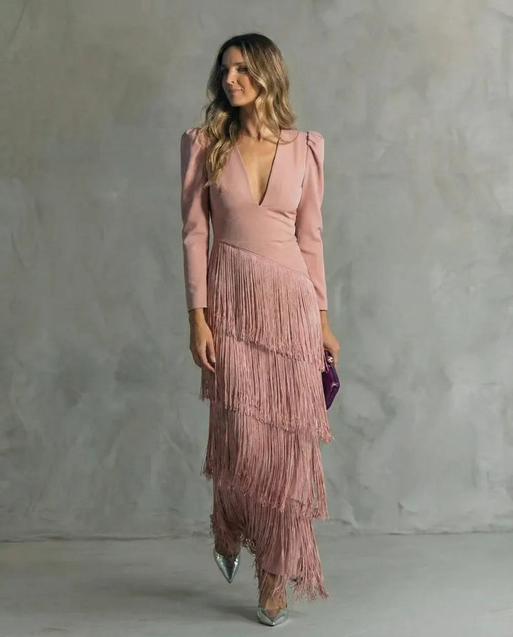 Women's Elegant Flowy Maxi Wedding Guest Dress with Puff Sleeves