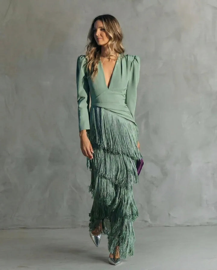 Women's Elegant Flowy Maxi Wedding Guest Dress with Puff Sleeves