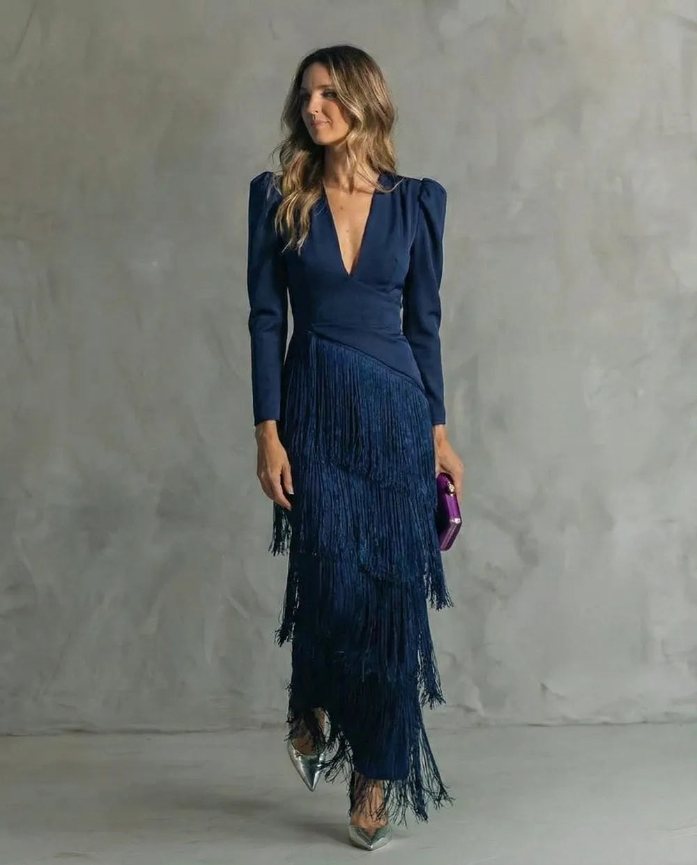 Women's Elegant Flowy Maxi Wedding Guest Dress with Puff Sleeves