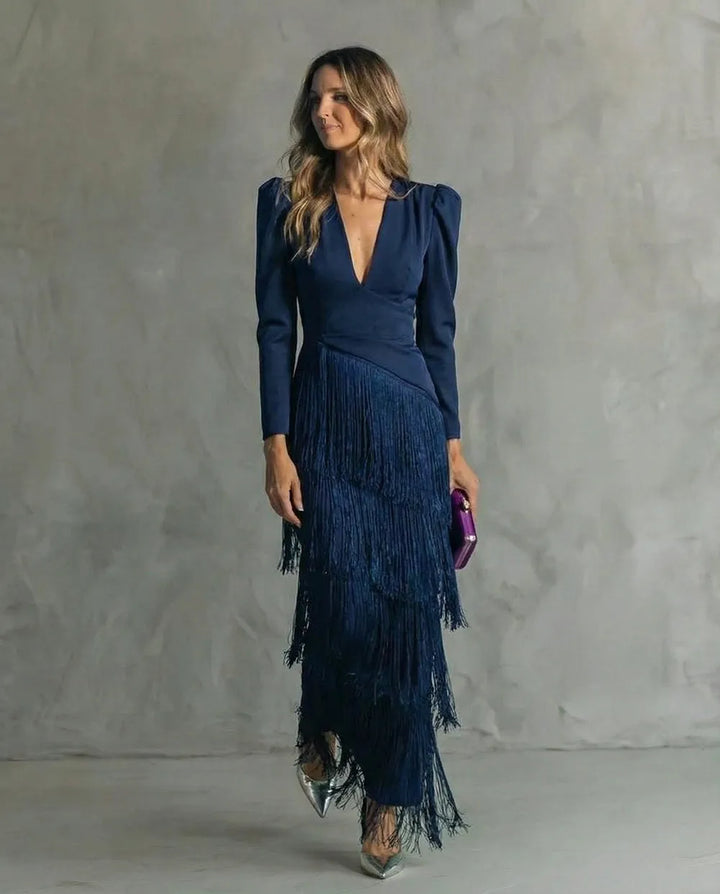 Women's Elegant Flowy Maxi Wedding Guest Dress with Puff Sleeves