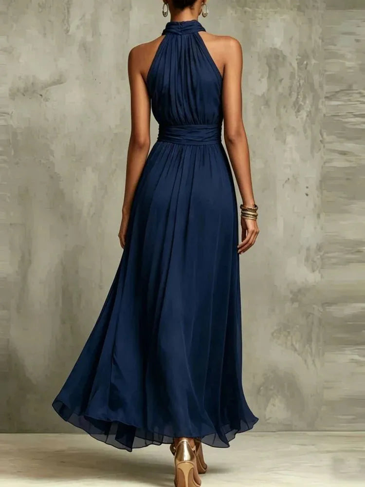 Women's Elegant Flowy Maxi Wedding Guest Dress with Ruched Detail