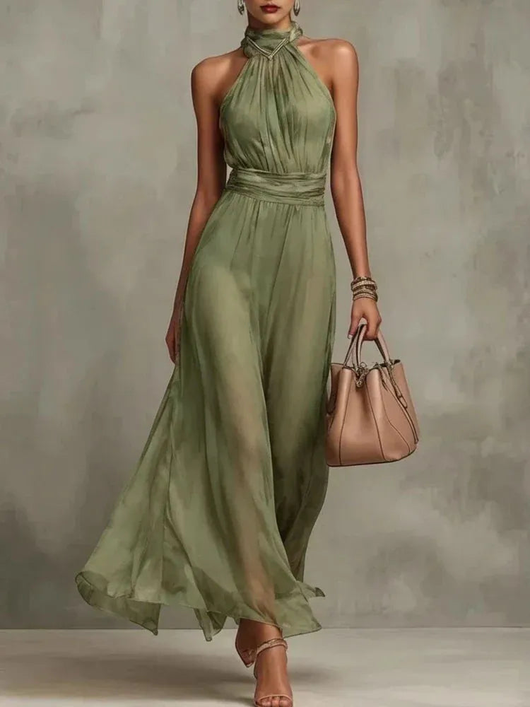 Women's Elegant Flowy Maxi Wedding Guest Dress with Ruched Detail