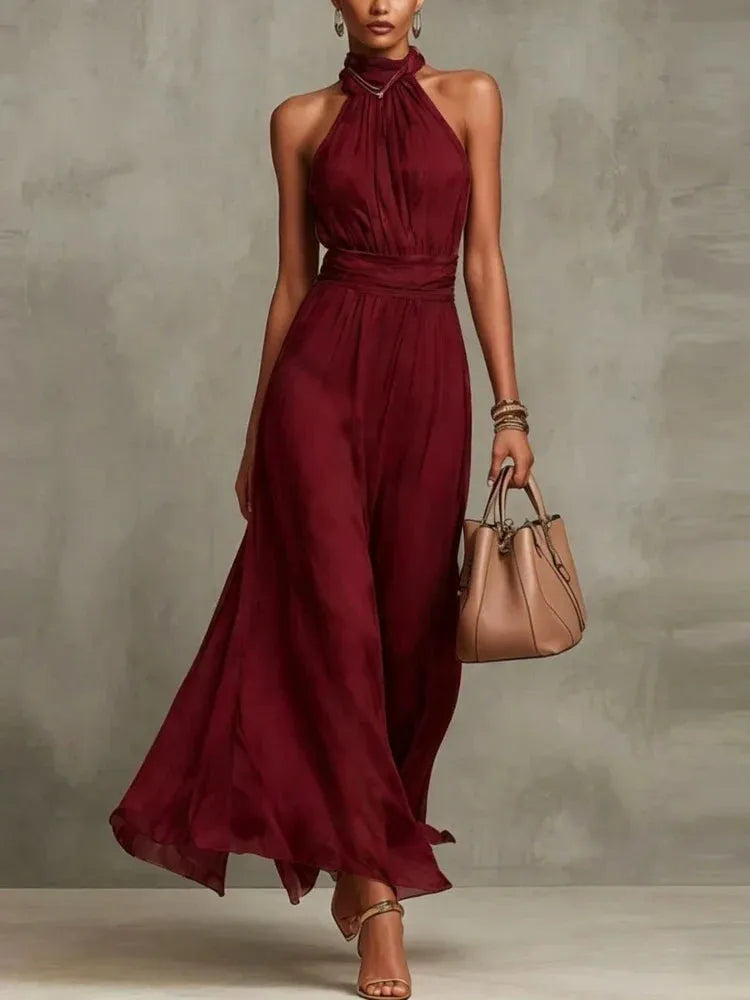 Women's Elegant Flowy Maxi Wedding Guest Dress with Ruched Detail