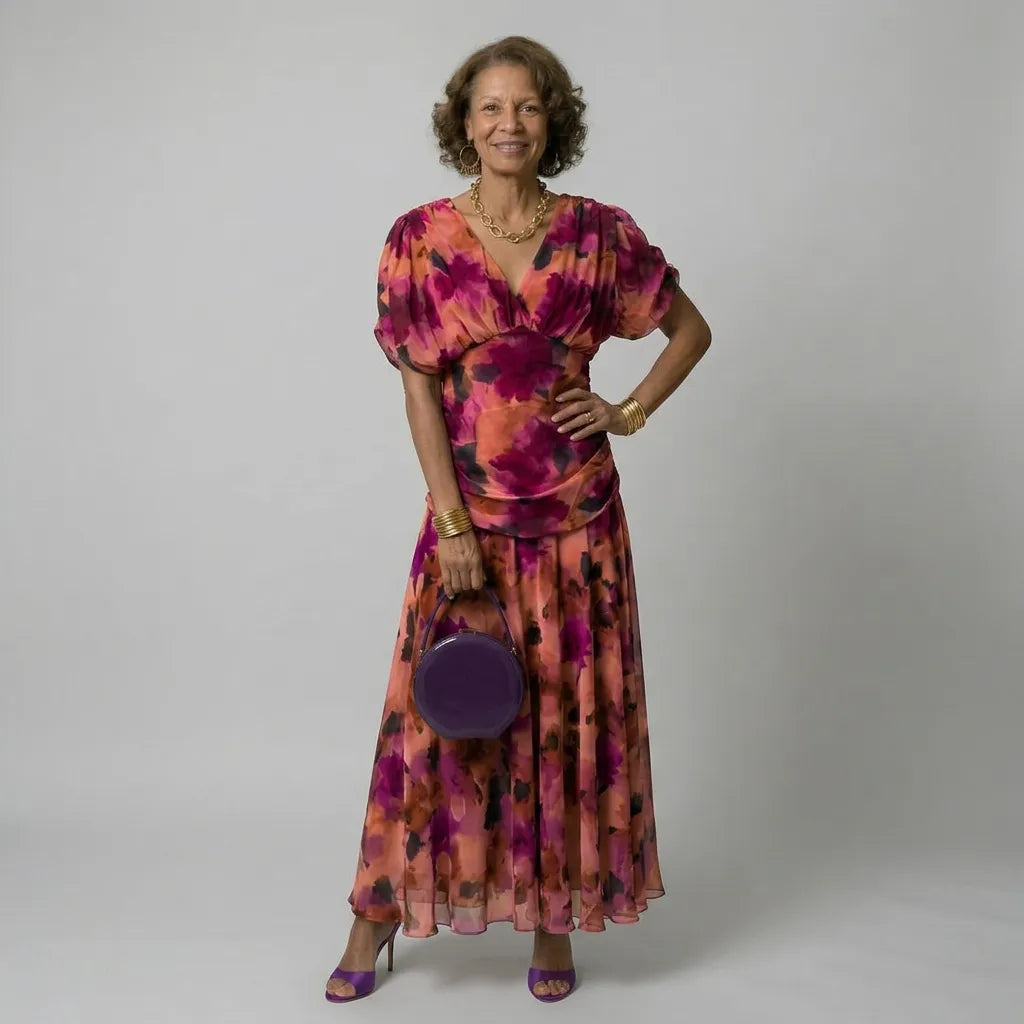 Women's Elegant Flowy Maxi Wedding Guest Dress with Ruched Details
