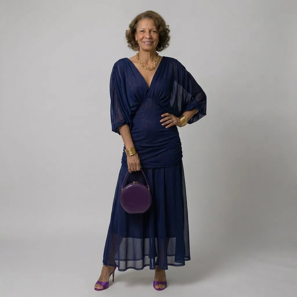 Women's Elegant Flowy Maxi Wedding Guest Dress with Ruched Details