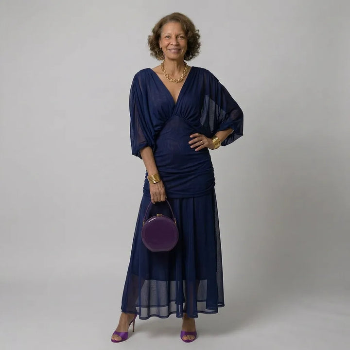 Women's Elegant Flowy Maxi Wedding Guest Dress with Ruched Details