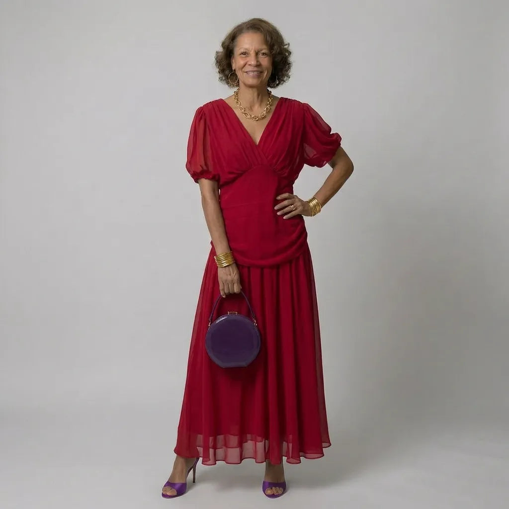 Women's Elegant Flowy Maxi Wedding Guest Dress with Ruched Details