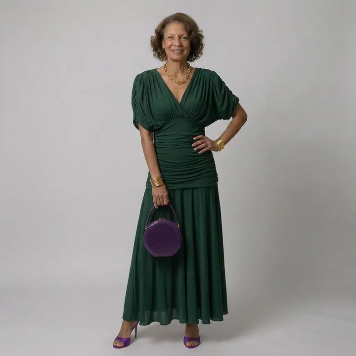 Women's Elegant Flowy Maxi Wedding Guest Dress with Ruched Details