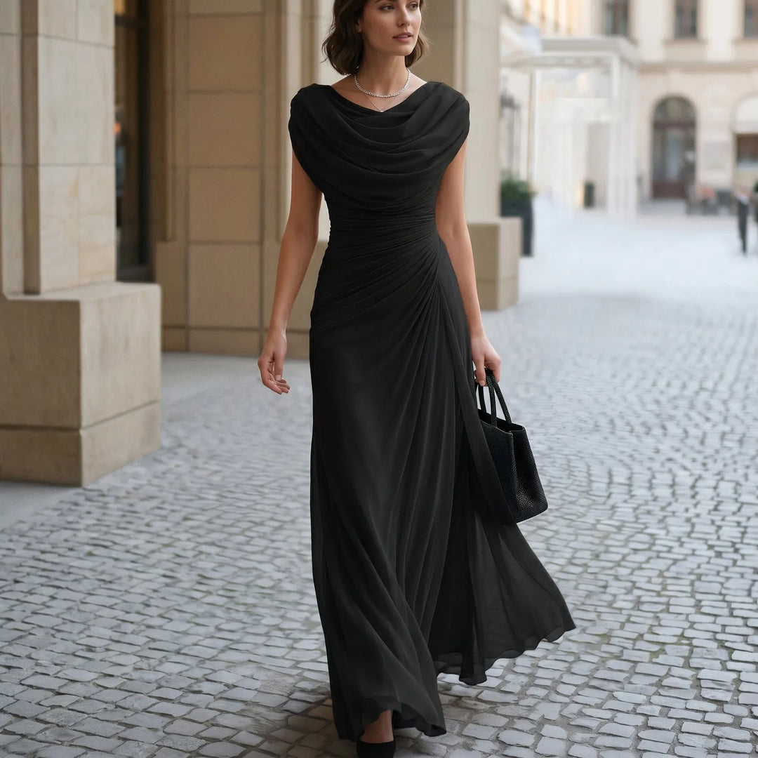 Women's Elegant Flowy Maxi Wedding Guest Dress with Ruched Waist Detailing