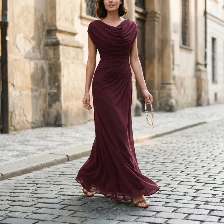 Women's Elegant Flowy Maxi Wedding Guest Dress with Ruched Waist Detailing