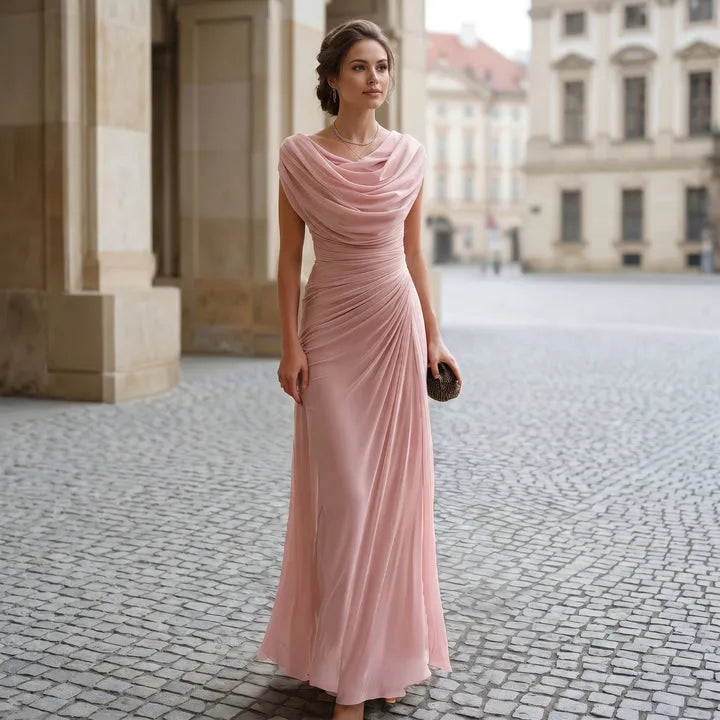 Women's Elegant Flowy Maxi Wedding Guest Dress with Ruched Waist Detailing