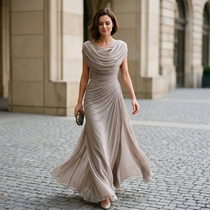 Women's Elegant Flowy Maxi Wedding Guest Dress with Ruched Waist Detailing