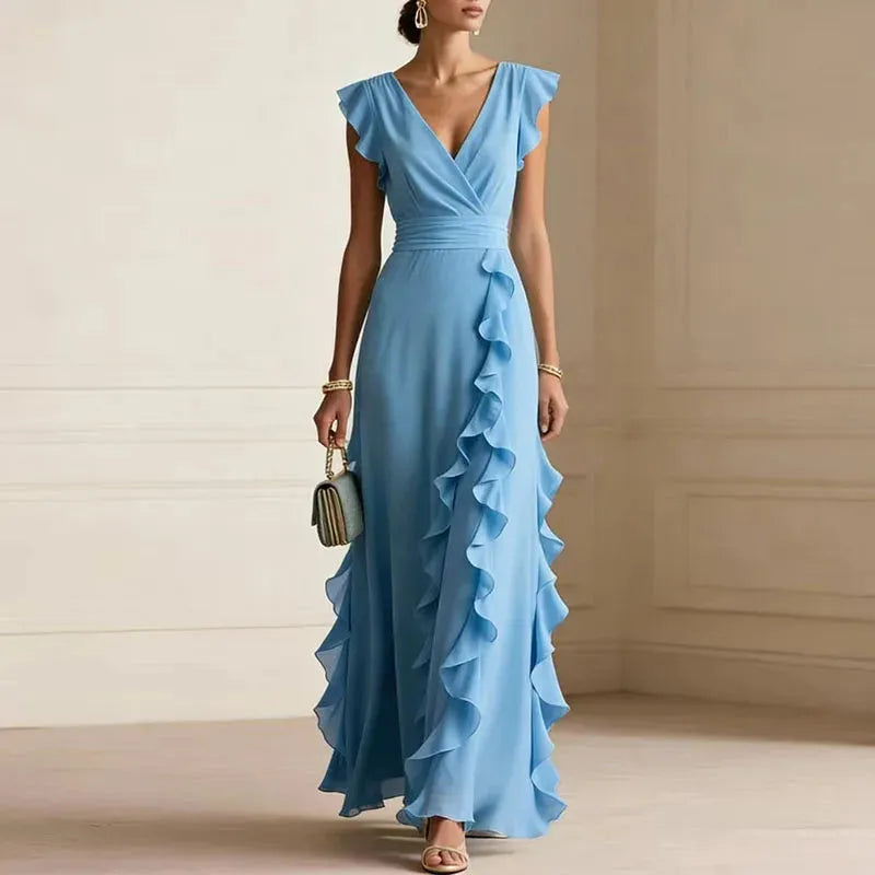 Women's Elegant Flowy Maxi Wedding Guest Dress with V-Neck