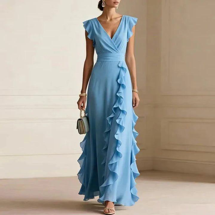 Women's Elegant Flowy Maxi Wedding Guest Dress with V-Neck