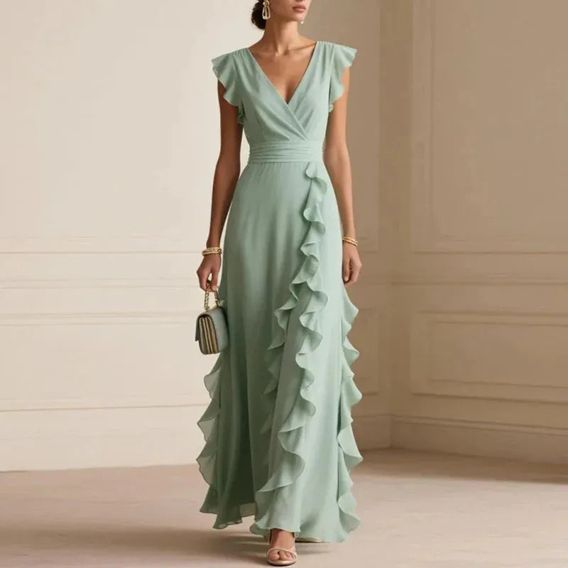 Women's Elegant Flowy Maxi Wedding Guest Dress with V-Neck