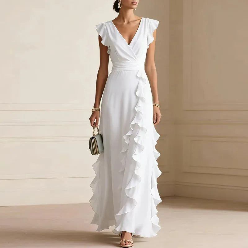 Women's Elegant Flowy Maxi Wedding Guest Dress with V-Neck