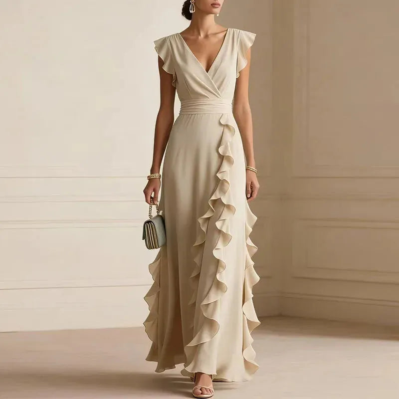 Women's Elegant Flowy Maxi Wedding Guest Dress with V-Neck