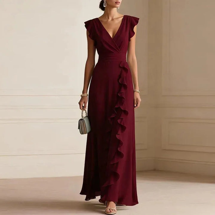 Women's Elegant Flowy Maxi Wedding Guest Dress with V-Neck