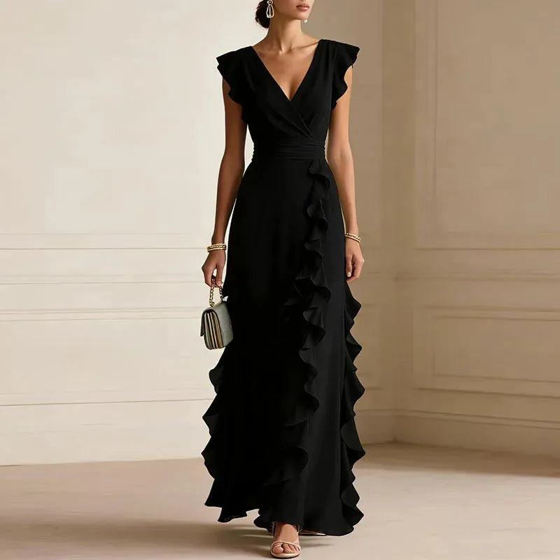 Women's Elegant Flowy Maxi Wedding Guest Dress with V-Neck