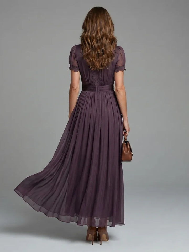 Women's Elegant Flowy Maxi Wedding Guest Dress with V-Neck and Puff Sleeves