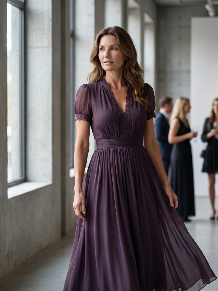 Women's Elegant Flowy Maxi Wedding Guest Dress with V-Neck and Puff Sleeves