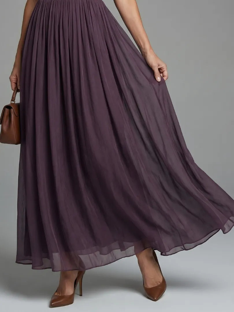 Women's Elegant Flowy Maxi Wedding Guest Dress with V-Neck and Puff Sleeves