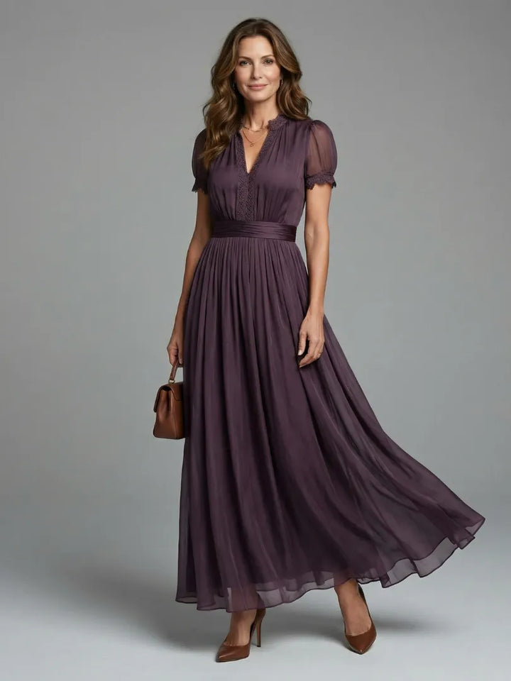 Women's Elegant Flowy Maxi Wedding Guest Dress with V-Neck and Puff Sleeves