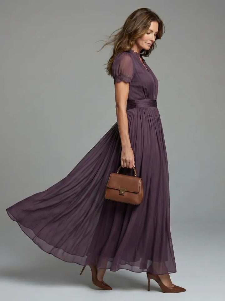 Women's Elegant Flowy Maxi Wedding Guest Dress with V-Neck and Puff Sleeves