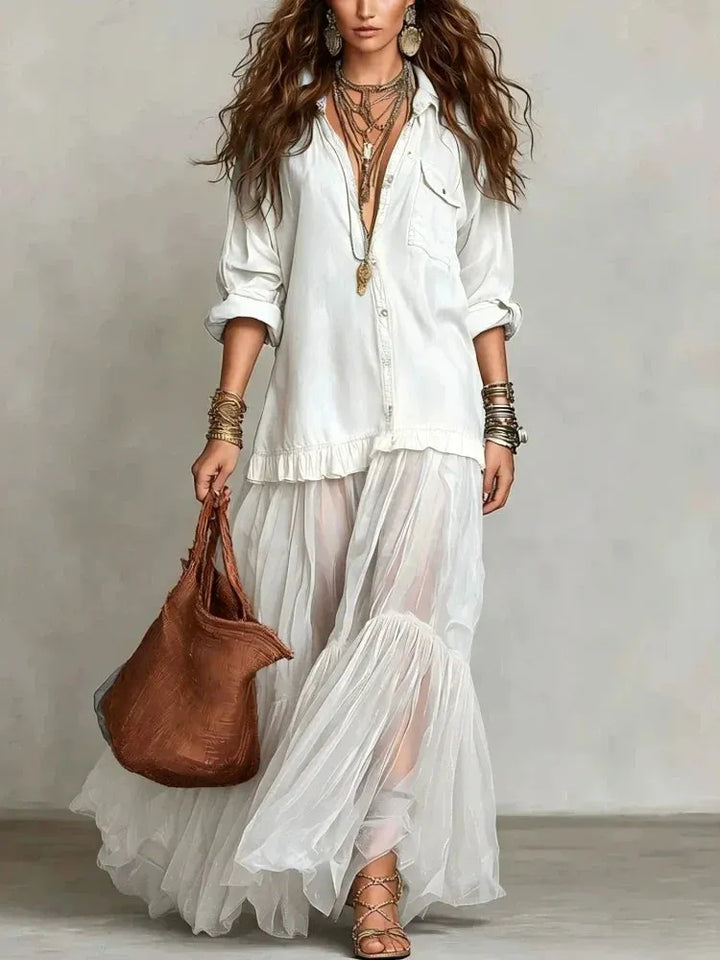 Women’s Elegant Flowy Maxi Wedding Guest Dress with V-Neck and Tulle Skirt