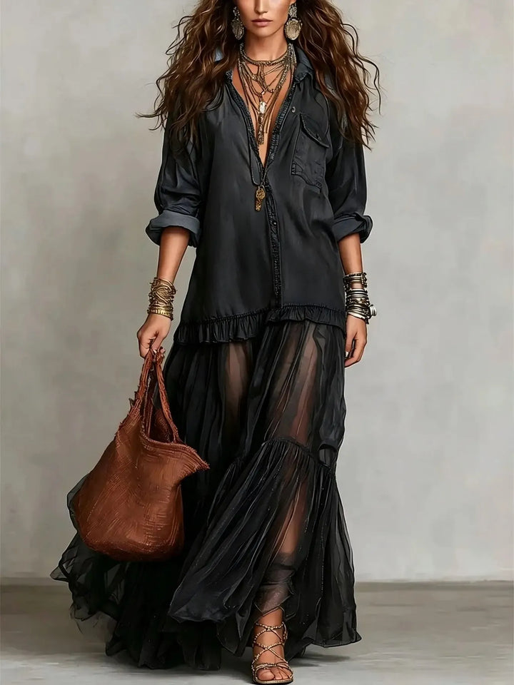 Women’s Elegant Flowy Maxi Wedding Guest Dress with V-Neck and Tulle Skirt