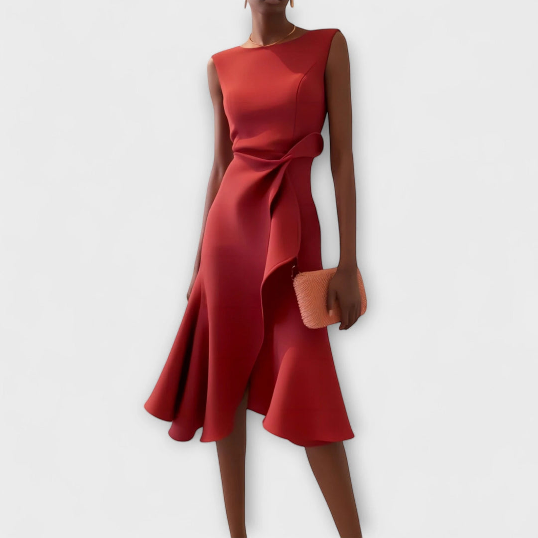 Women's Elegant Flowy Midi Wedding Guest Dress with Boat Neck