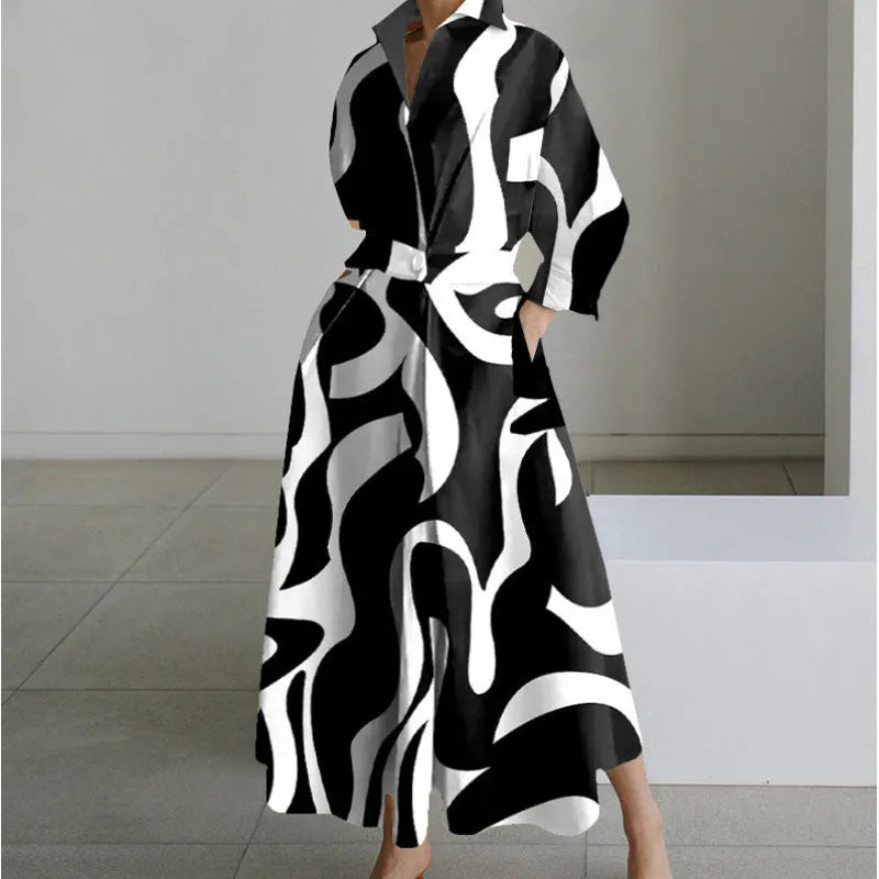 Women's Elegant Flowy Midi Wedding Guest Dress with Collared Neckline