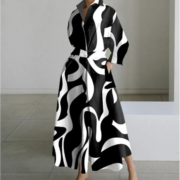 Women's Elegant Flowy Midi Wedding Guest Dress with Collared Neckline