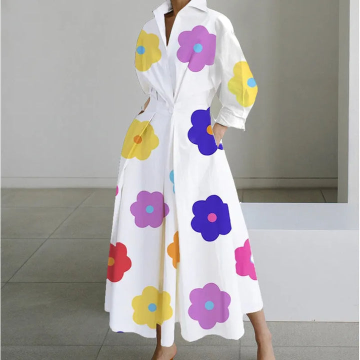 Women's Elegant Flowy Midi Wedding Guest Dress with Collared Neckline