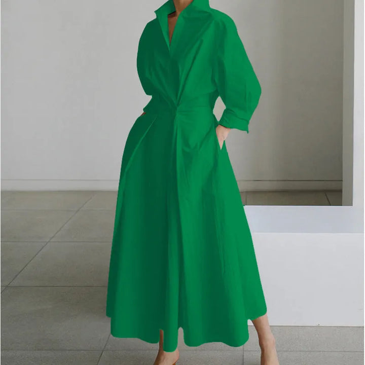 Women's Elegant Flowy Midi Wedding Guest Dress with Collared Neckline