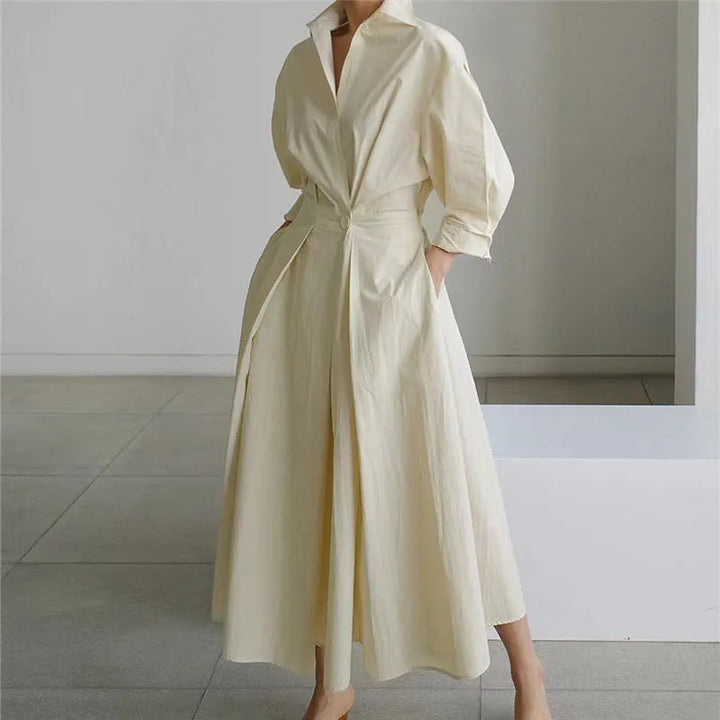 Women's Elegant Flowy Midi Wedding Guest Dress with Collared Neckline