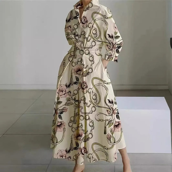 Women's Elegant Flowy Midi Wedding Guest Dress with Collared Neckline