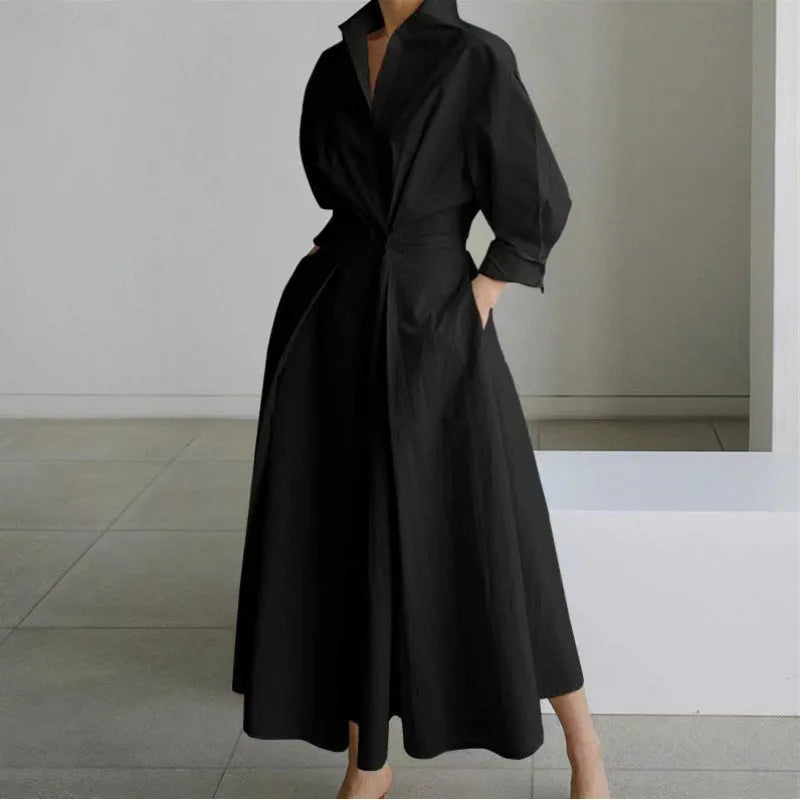 Women's Elegant Flowy Midi Wedding Guest Dress with Collared Neckline
