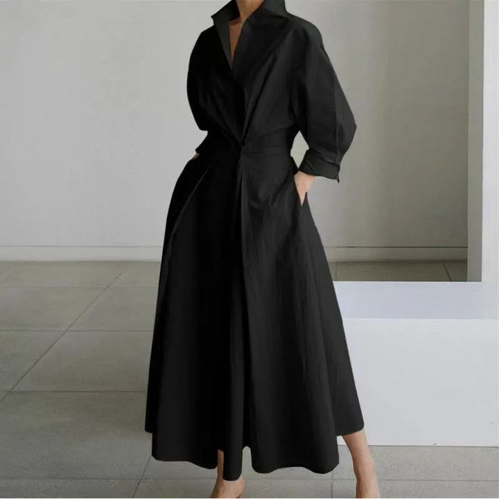 Women's Elegant Flowy Midi Wedding Guest Dress with Collared Neckline